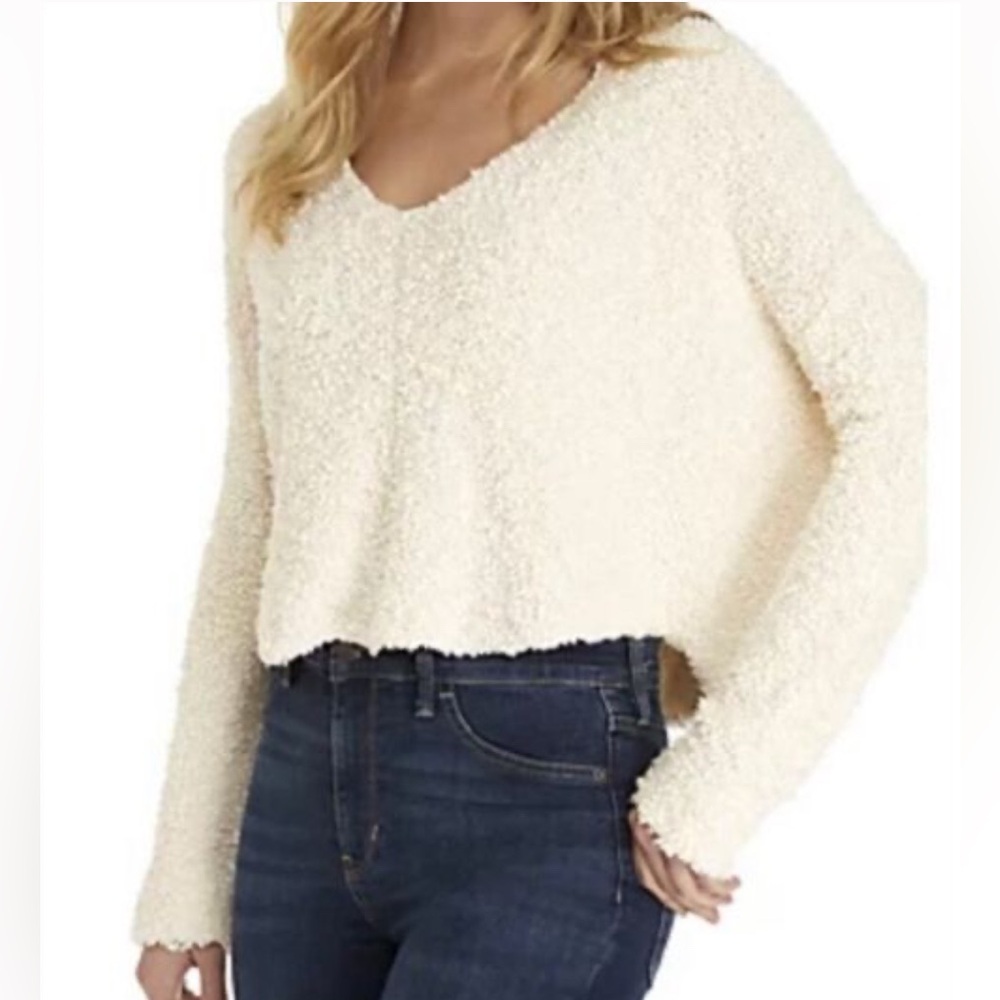 Free People Cropped Boucle Sherpa Oversized Sweater, Cream Color (Size: Small)